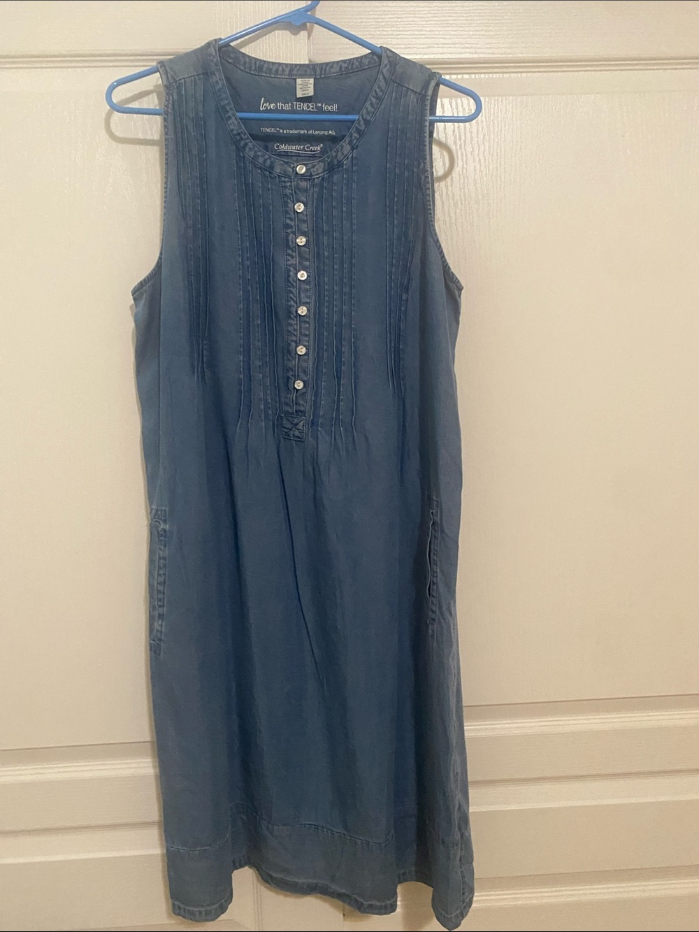 Sleeveless Button-Front Denim Midi Dress in Blue
